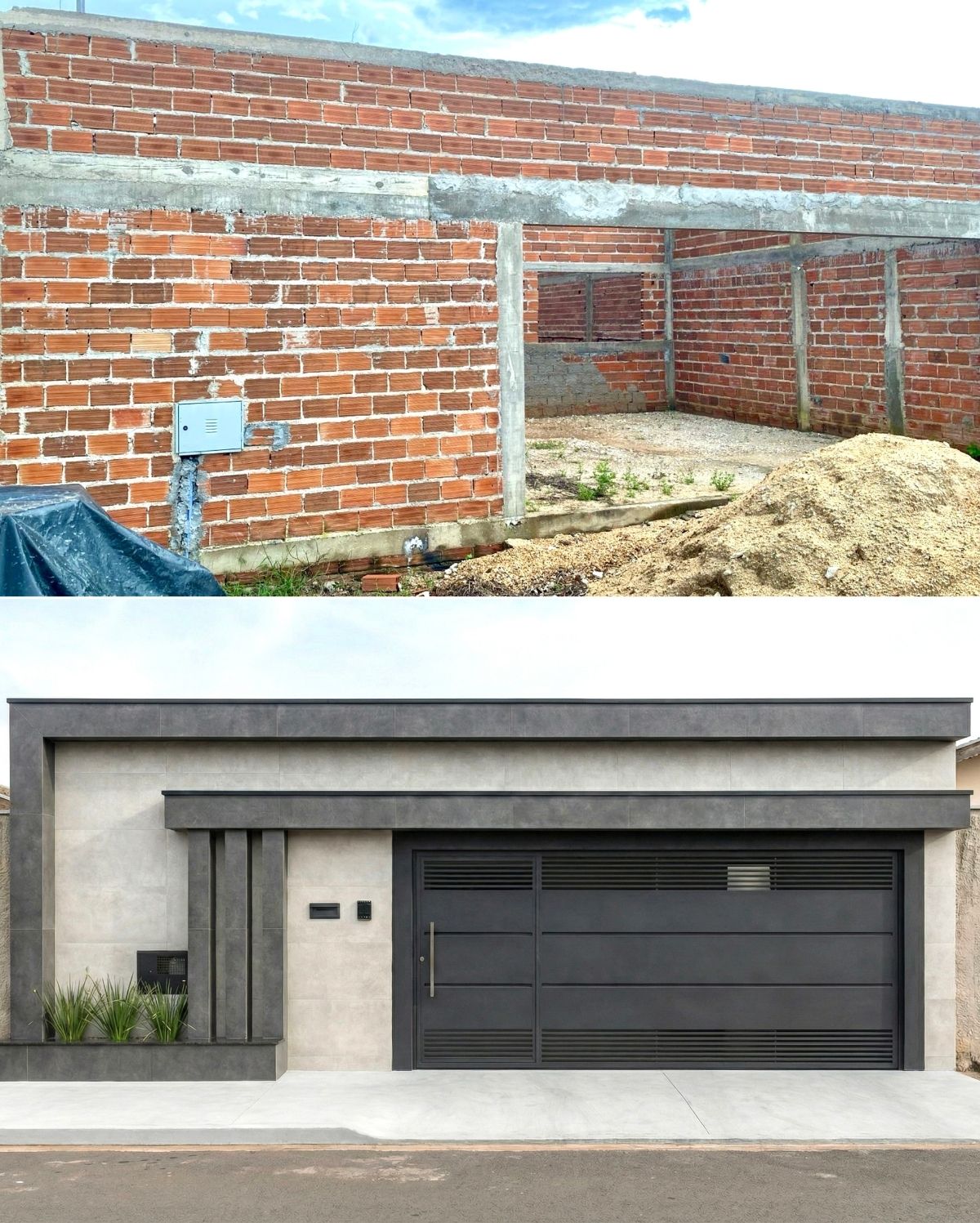 Antes e depois de estudo visual realista de fachada residencial