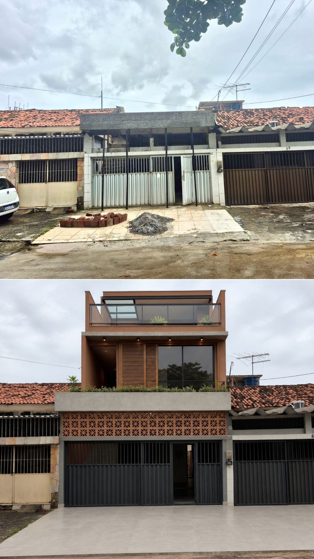 Antes e simulação visual de estudo para fachada residencial com muro