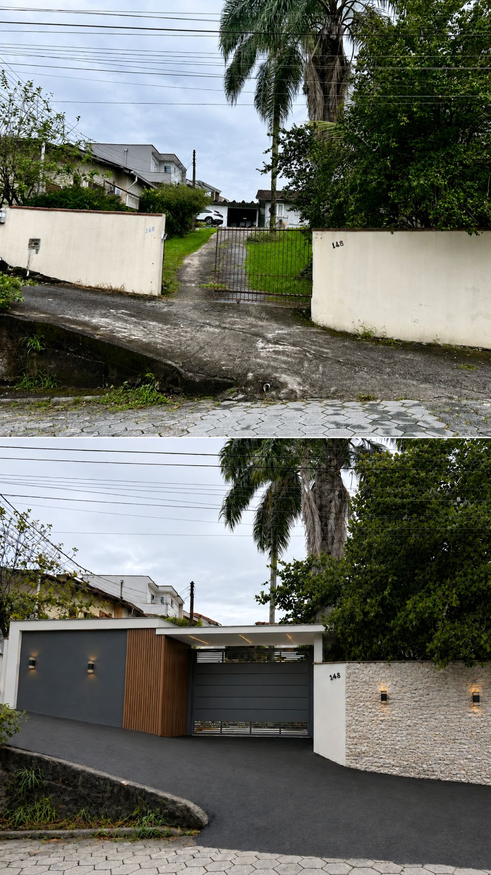 Antes e simulação visual de estudo para muro residencial moderno