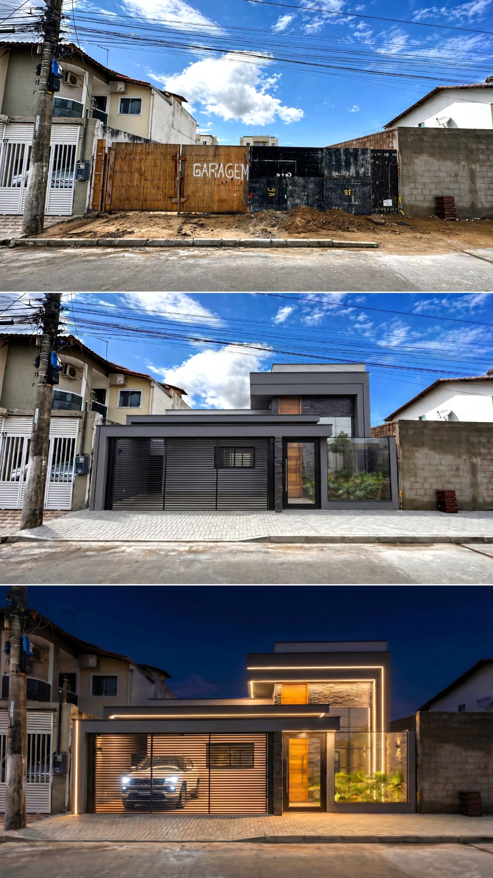 Antes e simulação visual de estudo para fachada de casa simples