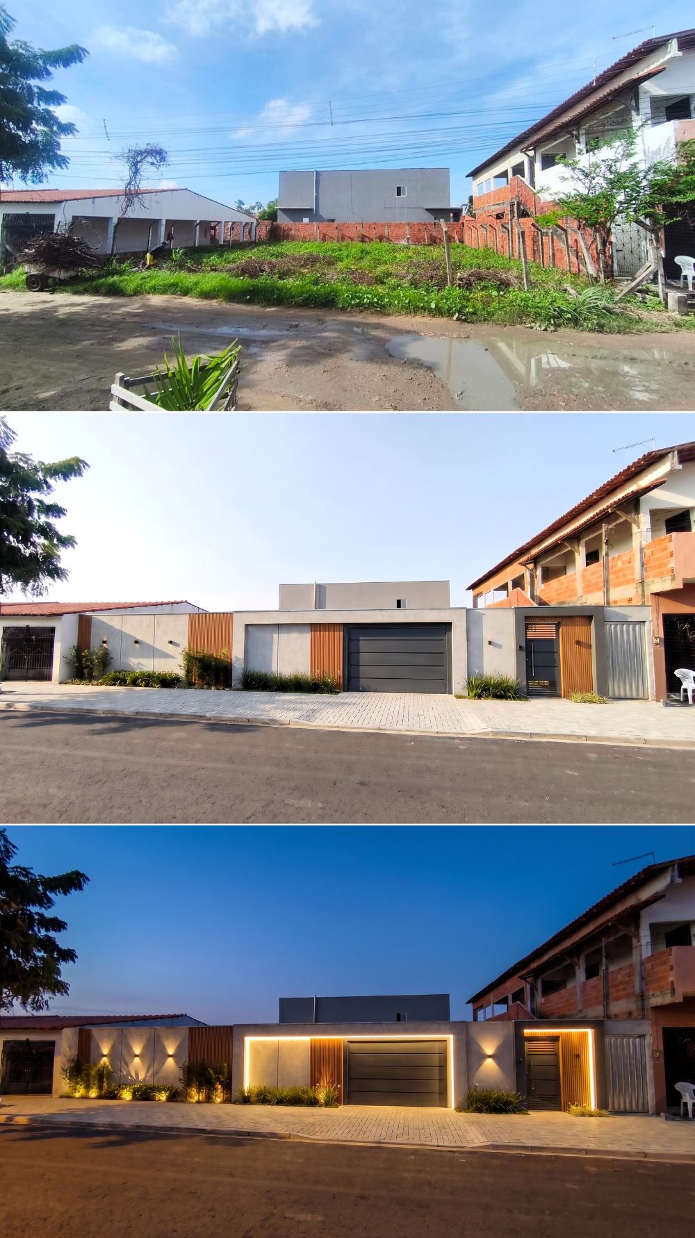 Antes e simulação visual de estudo para fachada residencial moderna