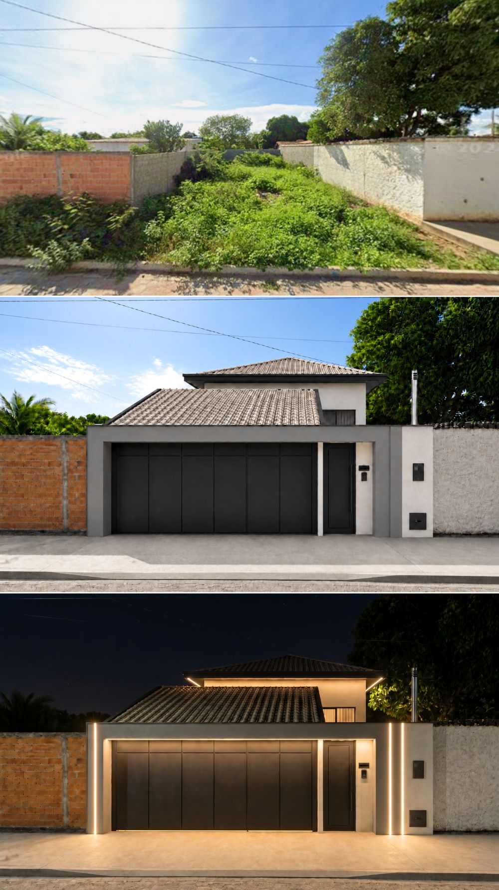 Antes e simulação visual de estudo para fachada com muro e portão