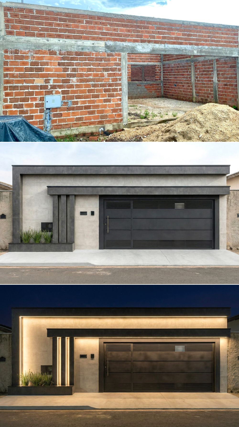 Antes e simulação visual de estudo para projeto de muro residencial